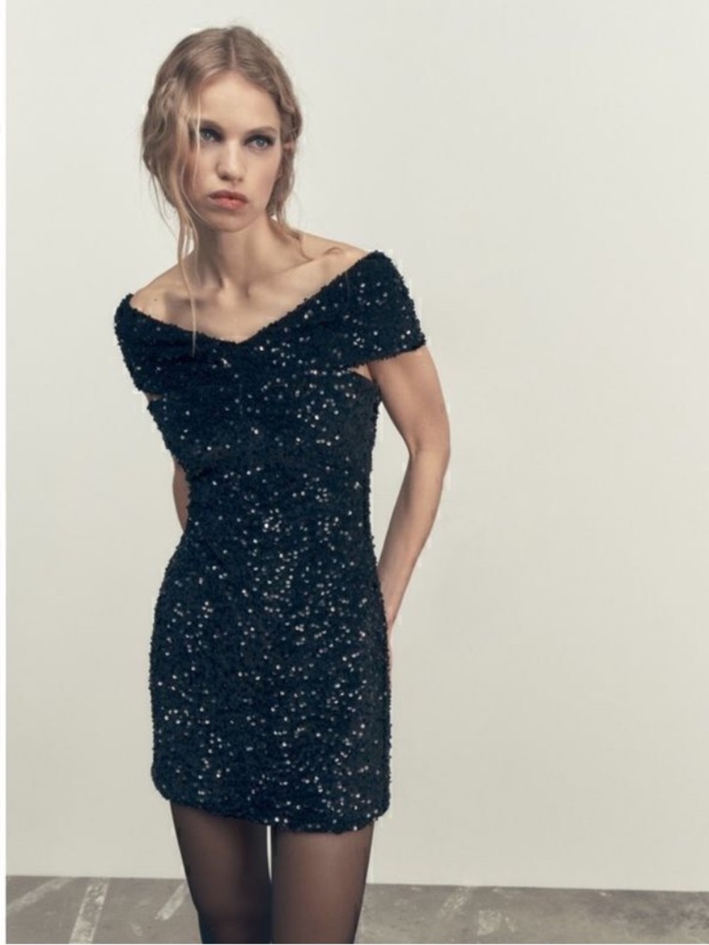 NWT Zara Off-Shoulder Black Sequin Mini Dress